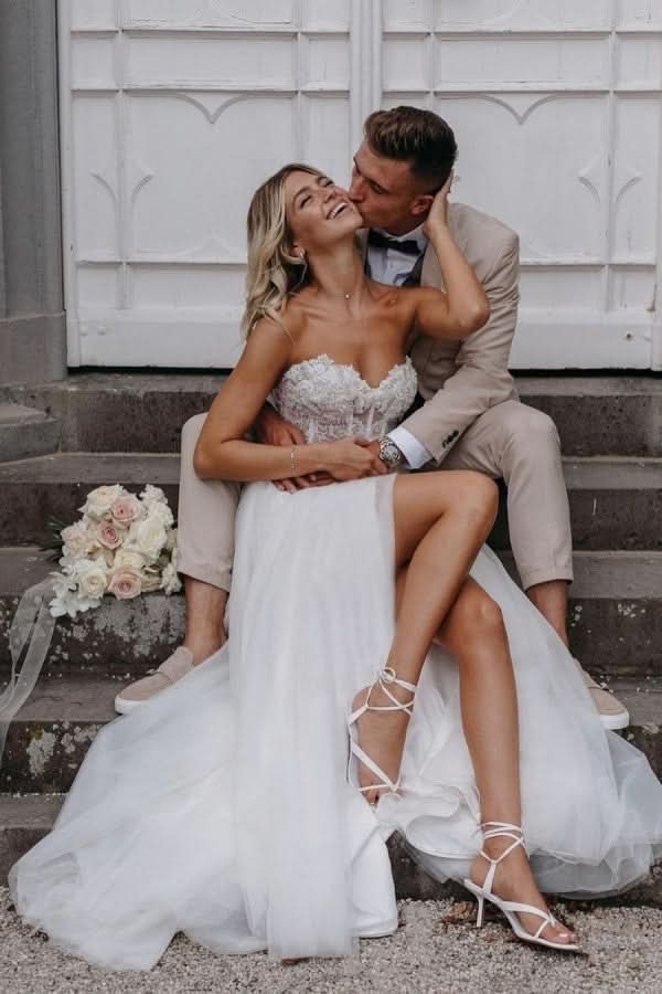 Gorgeous Long A-line Wedding Dress Sweetheart Front Slit With Lace Tulle BM bride