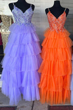 Floral Lace V-Neck Multi-Tiered A-Line Prom Dress BM bride