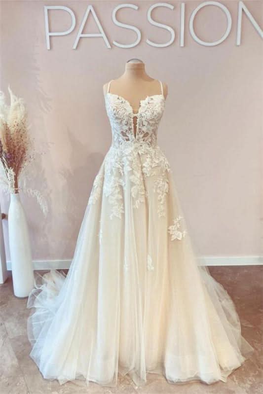 Spaghetti Strap Tulle A-Line Wedding Dress with Lace BM bride