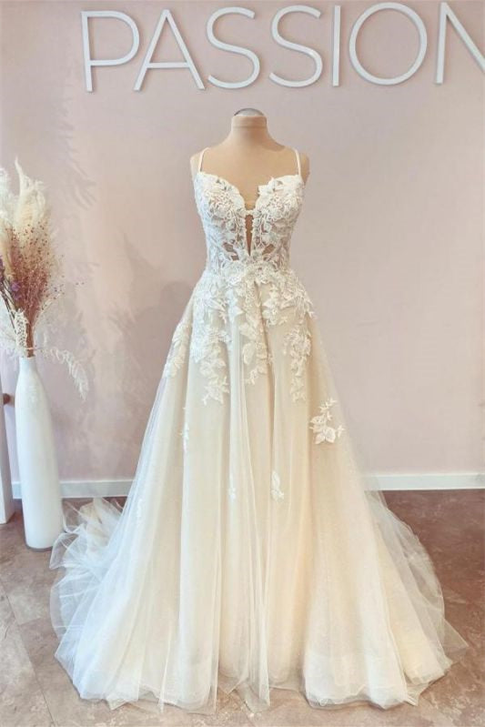 Spaghetti Strap Tulle A-Line Wedding Dress with Lace BM bride