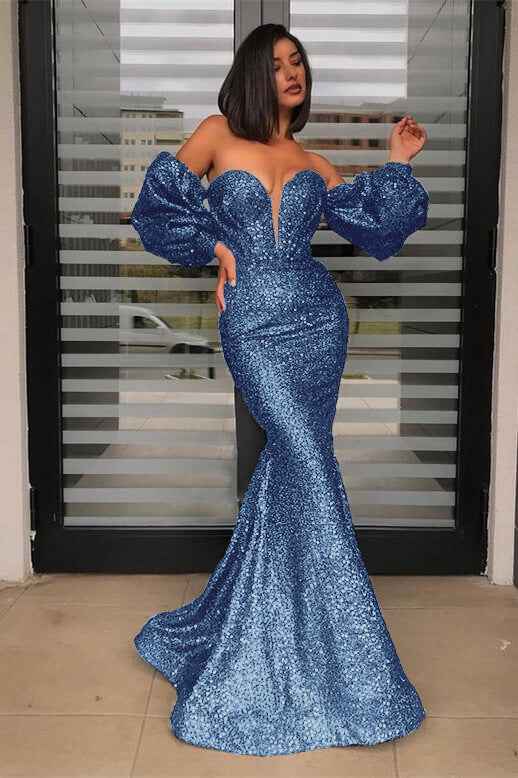 Detachable Sleeves Black Strapless Sweetheart Sequins Prom Dress Mermaid