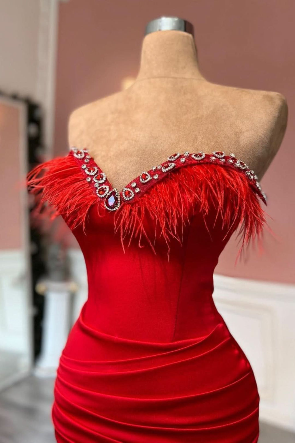 Red Long Sleeveless Sweetheart Satin Prom Dress with Tassel Decoration BM bride