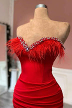 Prom Dress Red Long Sleeveless Feather Decoration Sweetheart Satin
