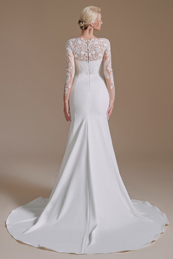 Jewel Neck Satin Lace Long Sleeve Mermaid Wedding Dress BM bride