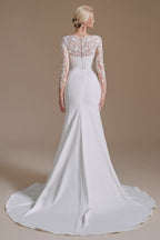 Jewel Neck Satin Lace Long Sleeve Mermaid Wedding Dress BM bride