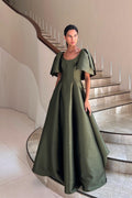 Jewel Neck Short Sleeves Long A Line Prom Dress With Pleated BMBRIDE