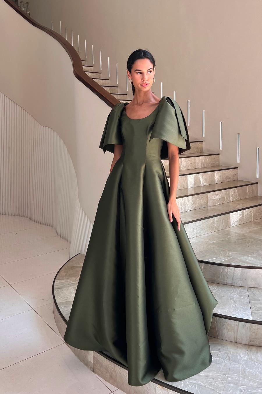 Jewel Neck Short Sleeves Long A Line Prom Dress With Pleated BMBRIDE