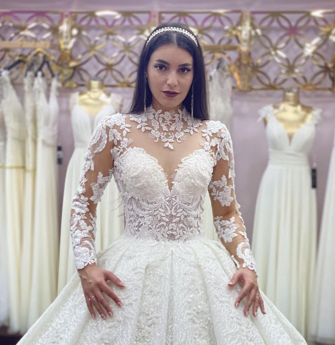 High Neck Jewel Long Sleeve Wedding Dress with Lace Appliques BM bride