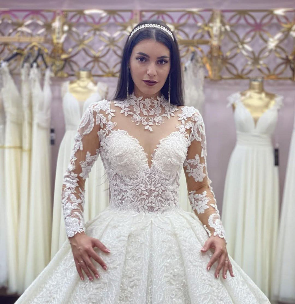 High Neck Jewel Long Sleeve Wedding Dress with Lace Appliques BM bride