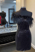 Black One Shoulder Sequins Short Homecoming Dress with Feathers