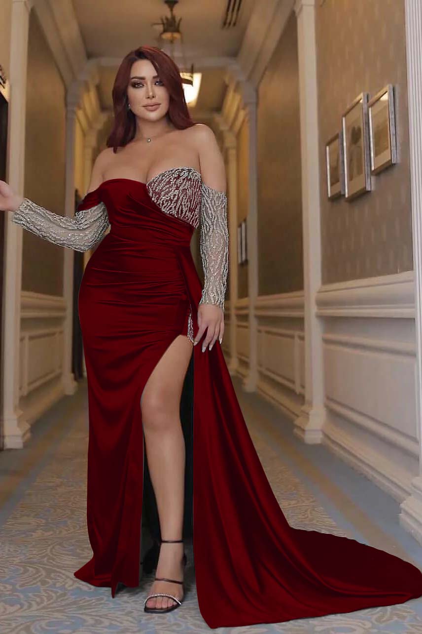 Sexy Emerald Green Off the Shoulder Long Sleeves Mermaid Prom Dress With Beading Split BMBRIDE