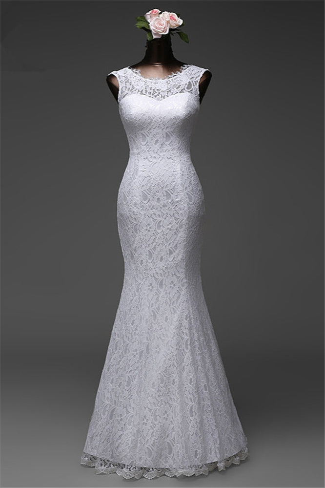 Jewel Neck Floor-Length Mermaid Wedding Dress with Lace BM bride