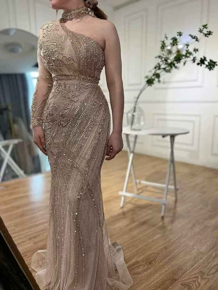 Elegant One shoulder Long Sleeve Champagne Bead Embroidery Prom Dress