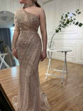 Elegant One shoulder Long Sleeve Champagne Bead Embroidery Prom Dress