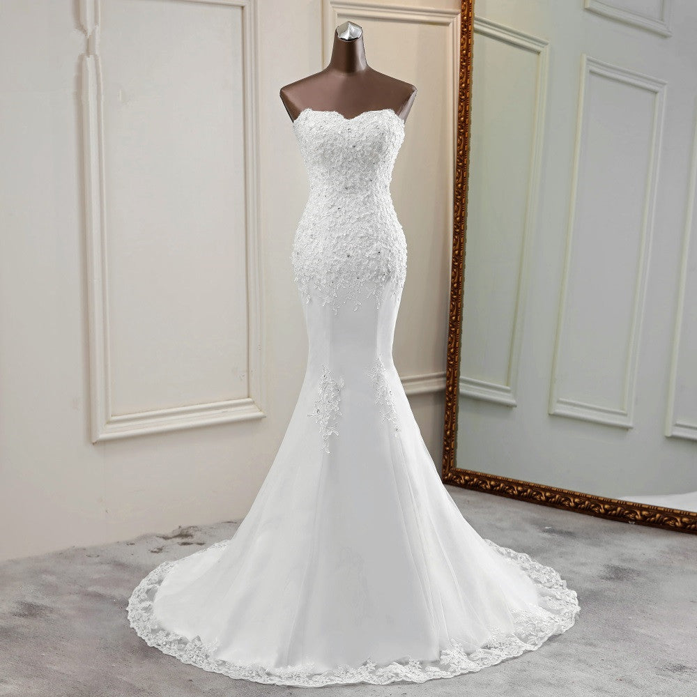 Strapless Lace Applique Long Mermaid Wedding Dress with Beading BM bride