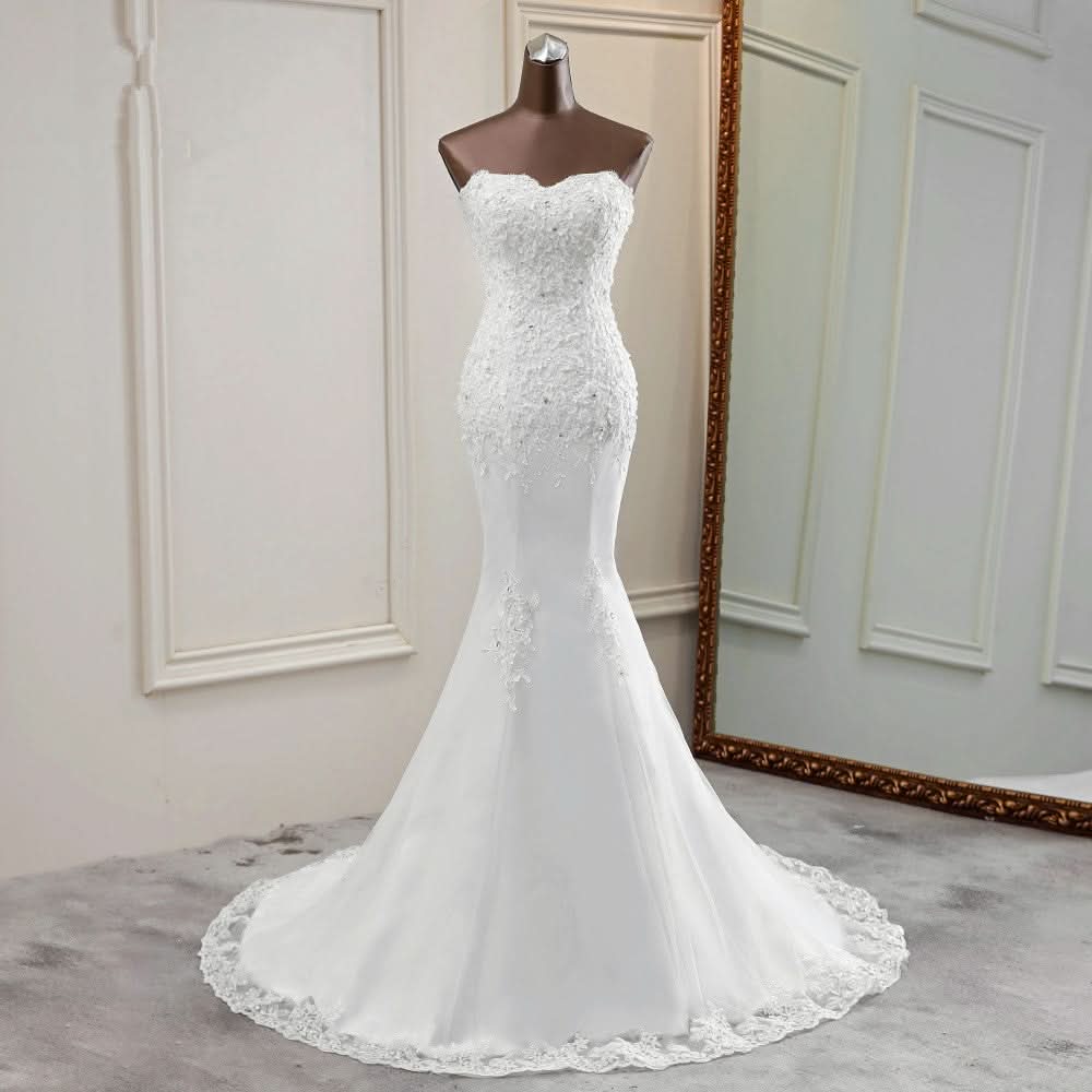 Strapless Lace Applique Long Mermaid Wedding Dress with Beading BM bride