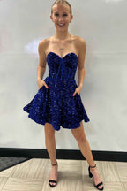 Sparkly White Corset Sweetheart A-Line Short Homecoming Dress with Pockets