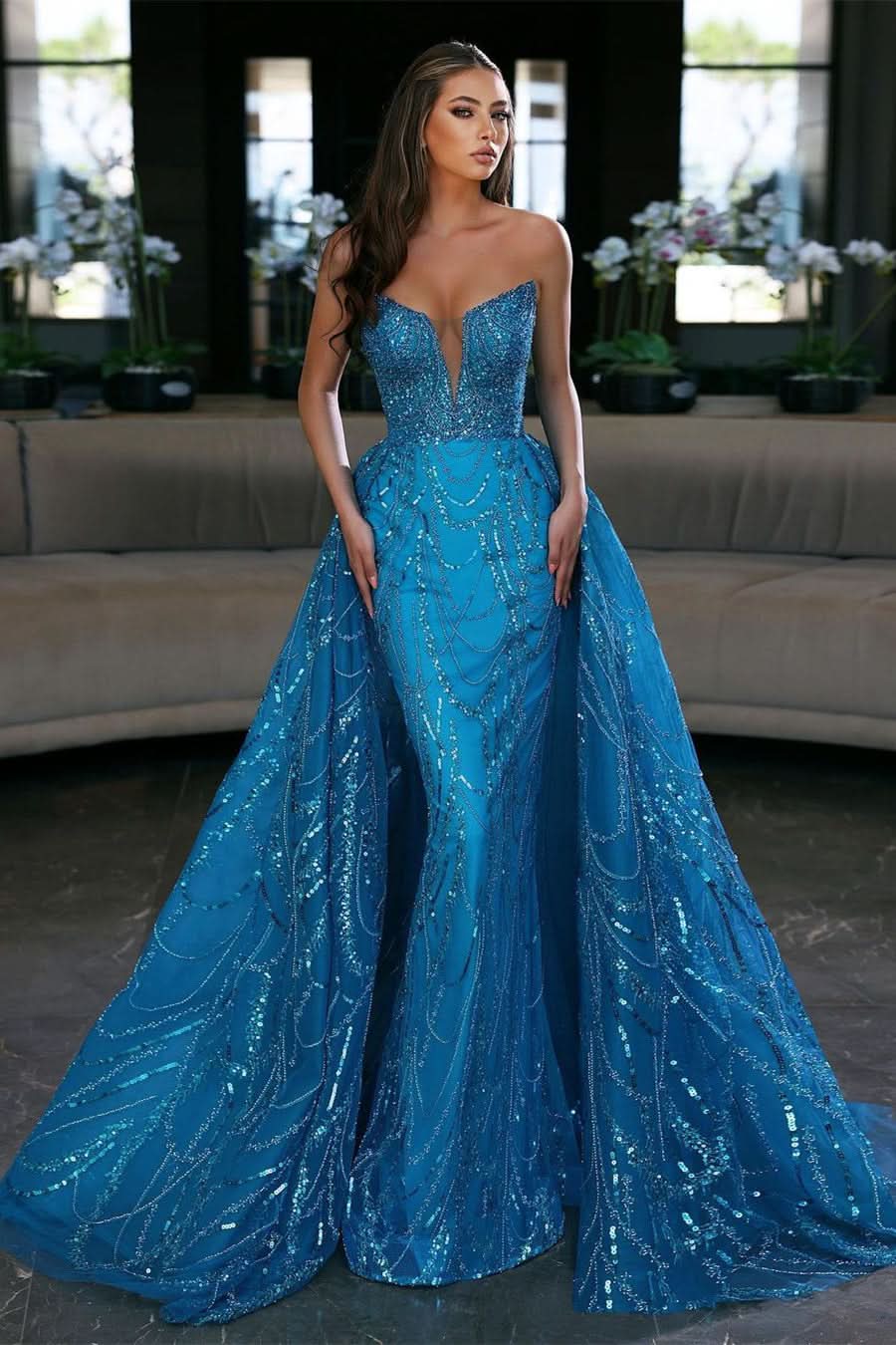 Glamorous Royal Blue Sleeveless Strapless Long Evening Dress Prom Dress with Sequins BM bride