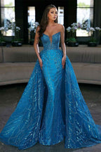 Blue Mermaid Sleeveless Prom Dress Tulle Ruffles With Appliques