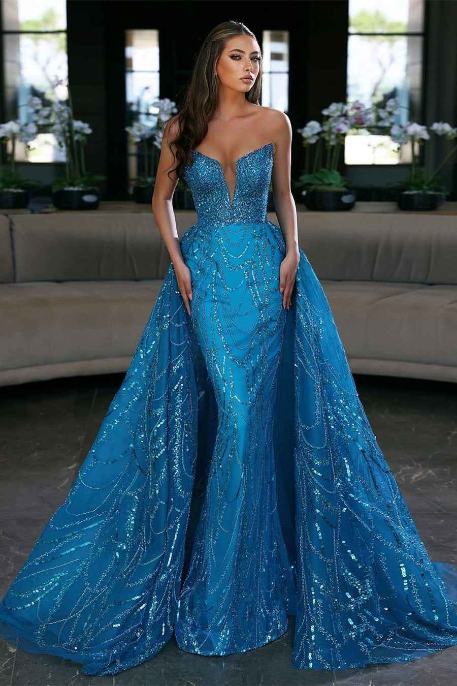 Blue Mermaid Sleeveless Prom Dress Tulle Ruffles With Appliques