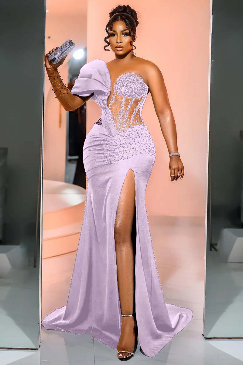 One Shoulder Long Sleeve Long Mermaid Prom Dress With Beading BMBRIDE