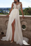 Lace Applique Beach Wedding Dress with Slit BM bride