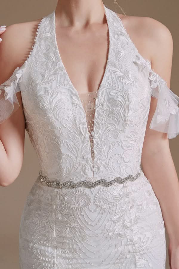 Elegant Long Mermaid Halter Tulle Floor-Length Wedding Dress with Lace Appliques BM bride