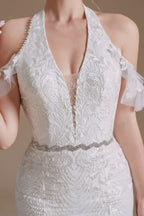 Elegant Long Mermaid Halter Tulle Floor-Length Wedding Dress with Lace Appliques BM bride