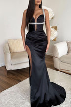 Black Sleeveless Spaghetti-Strap V-Neck Mermaid Prom Dress with High Slit BM bride