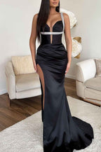 Black Prom Dress Mermaid With High Slit Sleeveless Spaghetti Strap
