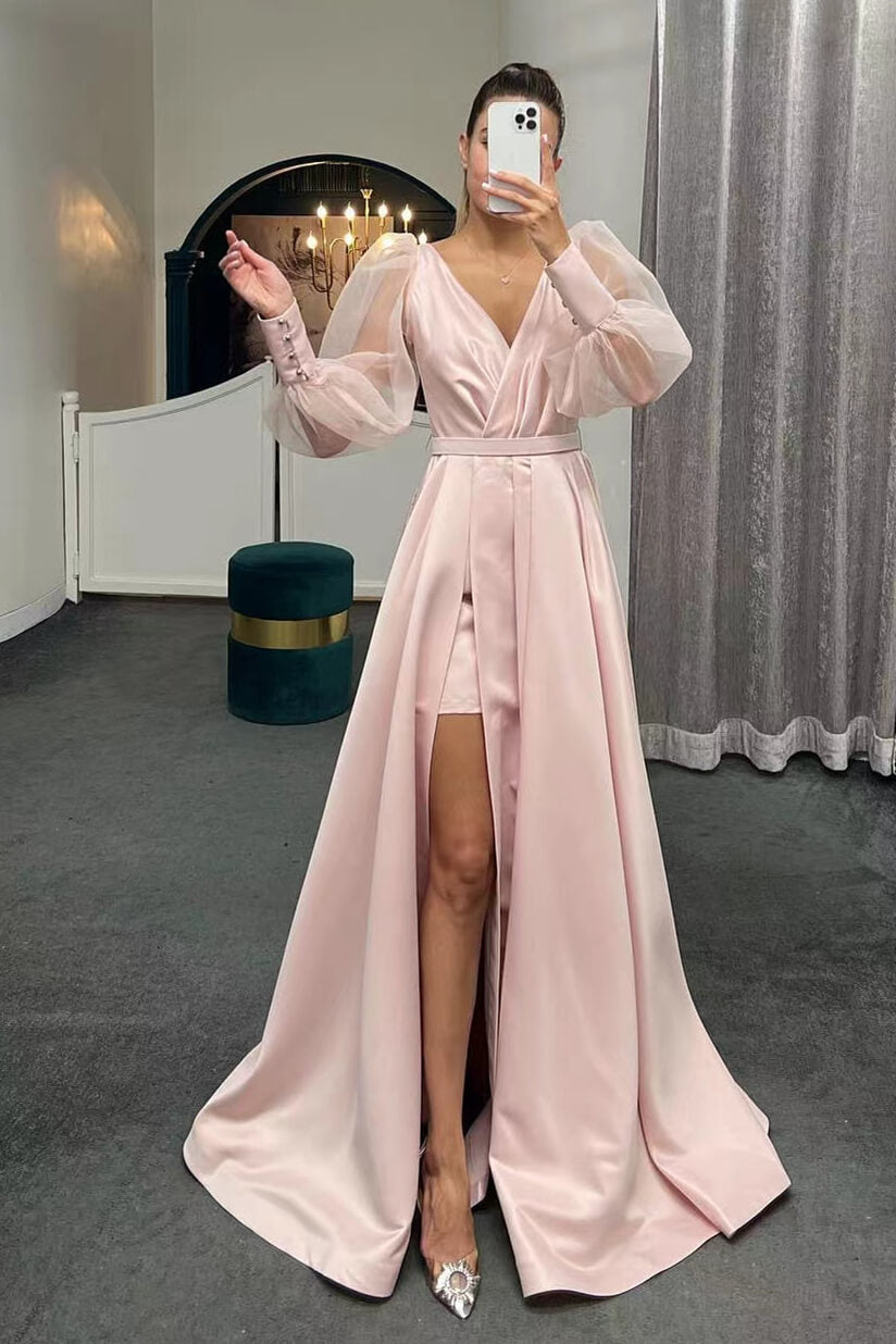 Long Puff Sleeve A-Line Evening Dress with Slit BM bride