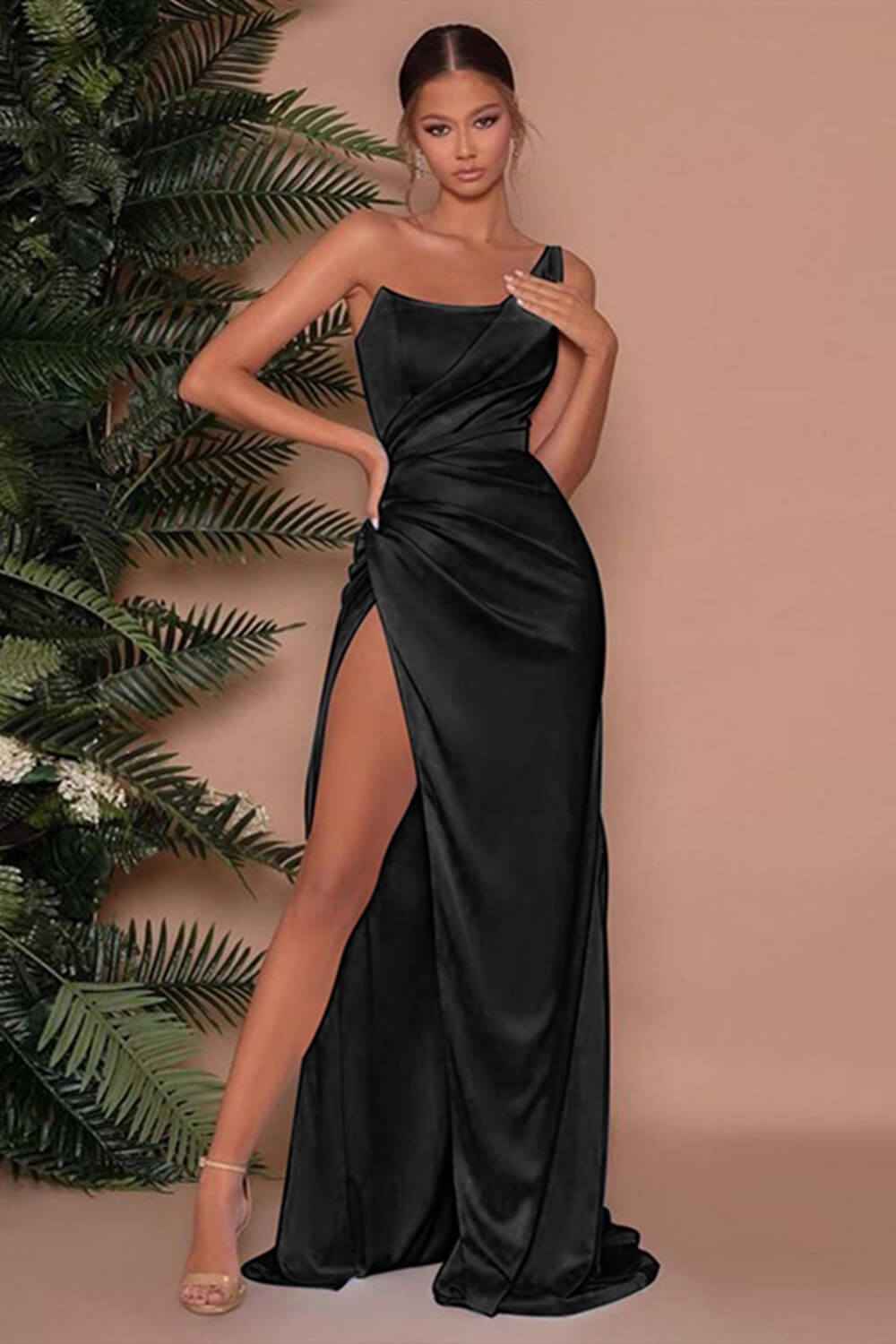 Chic Sleeveless One Shoulder Mermaid Long Split Evening Dress With Pleated