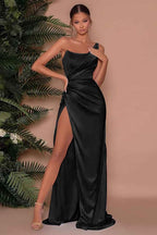 Chic Sleeveless One Shoulder Mermaid Long Split Evening Dress With Pleated