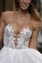 Sheer A-line Wedding Dress Floor Length With Tulle Appliques BM bride