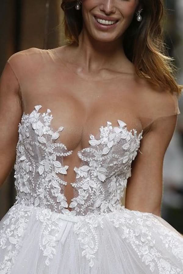 Sheer A-line Wedding Dress Floor Length With Tulle Appliques BM bride