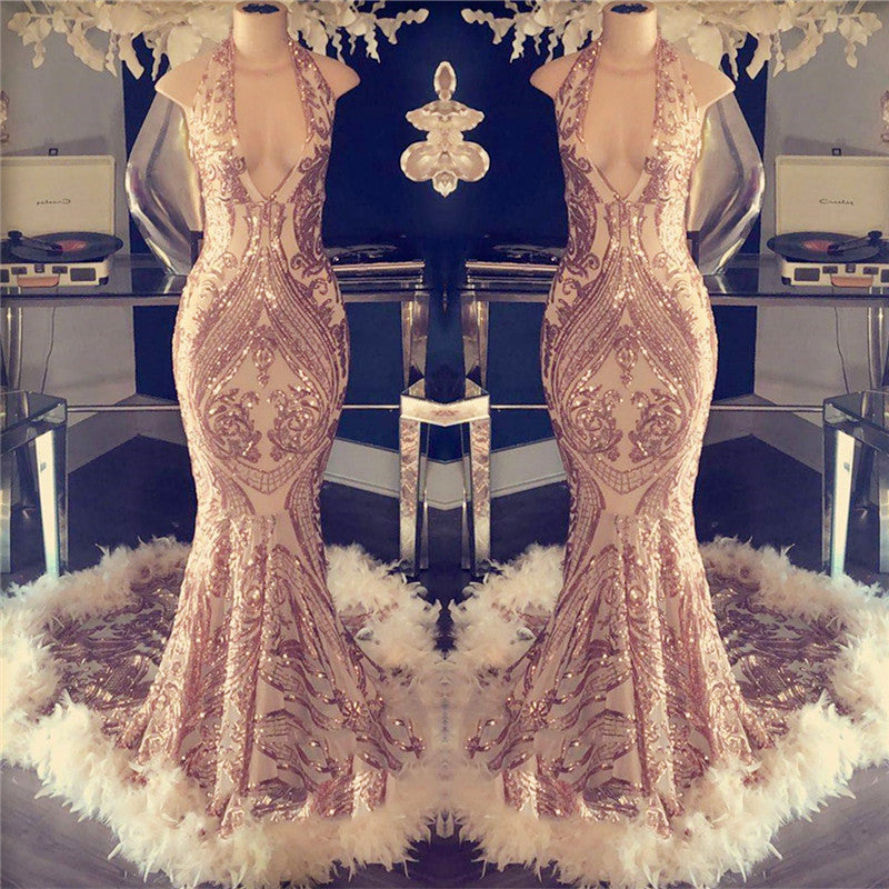 Halter Sequined Mermaid Prom Dress with Open Back and Feather BM bride