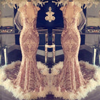 Halter Sequined Mermaid Prom Dress with Open Back and Feather BM bride