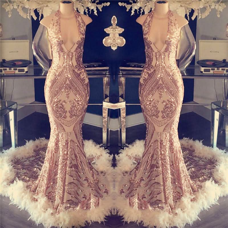 Halter Sequined Mermaid Prom Dress with Open Back and Feather BM bride