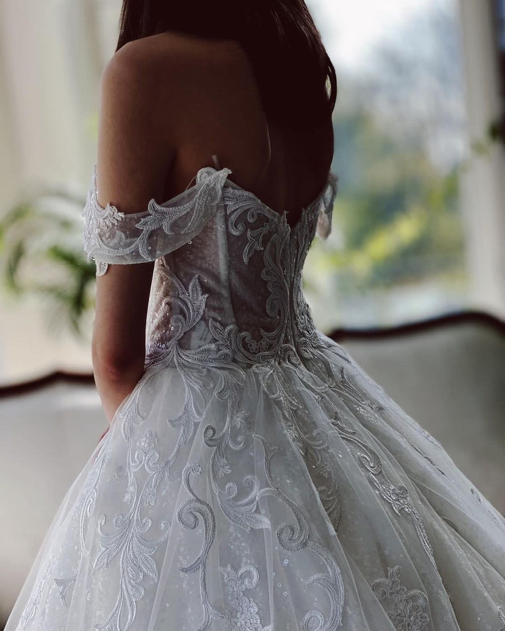 Charming Long A-Line Off-the-Shoulder Tulle Wedding Dress BM bride