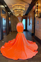 Halter Sleeveless Orange Mermaid Elegant Prom Dress Appliques With Beads