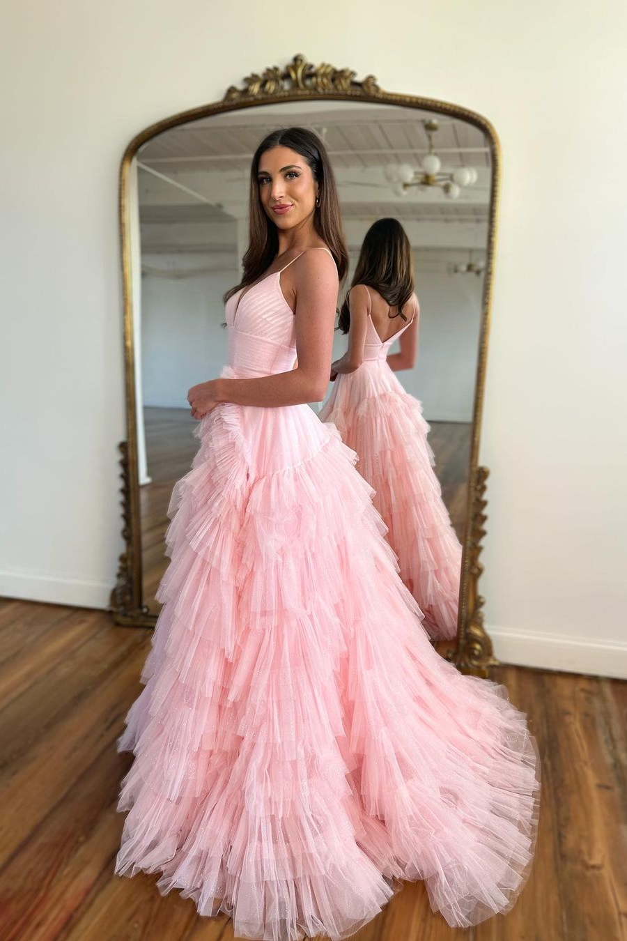 Pink Sleeveless Spaghetti Strap Tulle Mermaid Prom Dress BM bride