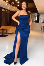 Stunning Black Mermaid Strapless Sleeveless Evening Dress With High Split