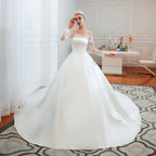 Stunning Off-the-Shoulder Long Sleeve A-Line Satin Wedding Dress with Lace BM bride