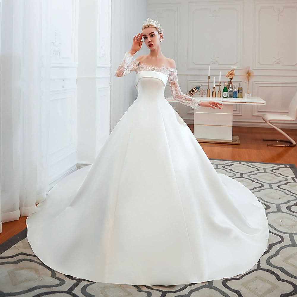 Stunning Off-the-Shoulder Long Sleeve A-Line Satin Wedding Dress with Lace BM bride