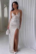 Halter Spaghetti Strap Backless Sleeveless Long Prom Dress With Front Split
