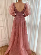 Pink Mermaid High Split Evening Dress, Beaded Bubble Sleeve BM bride