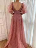 Pink Mermaid High Split Evening Dress, Beaded Bubble Sleeve BM bride