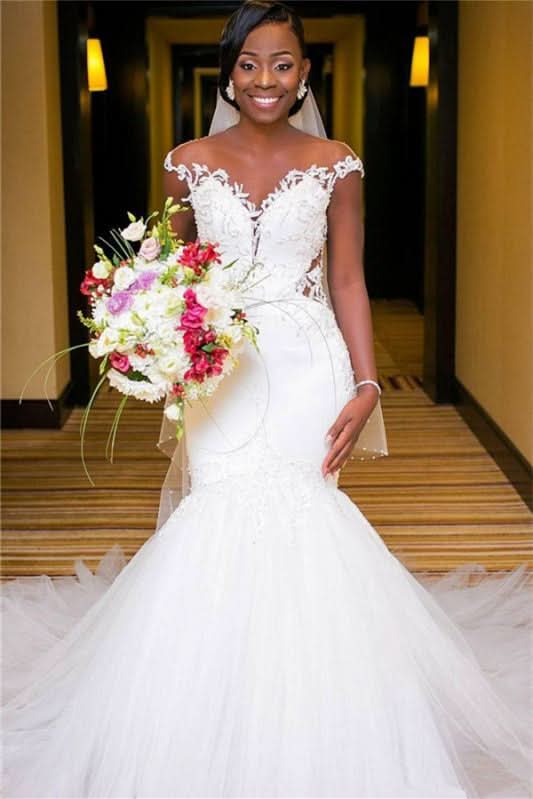 Stunning Cap Sleeve Lace Appliques Mermaid Long Wedding Dress BM bride