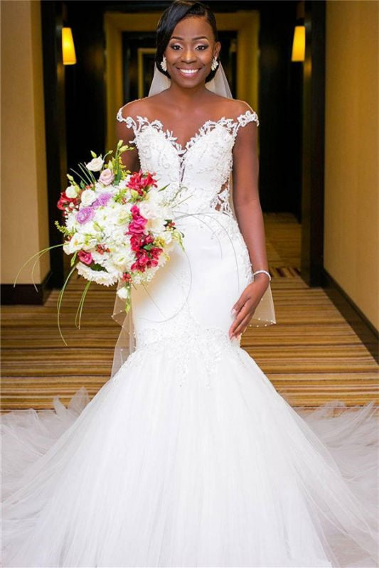 Stunning Cap Sleeve Lace Appliques Mermaid Long Wedding Dress BM bride