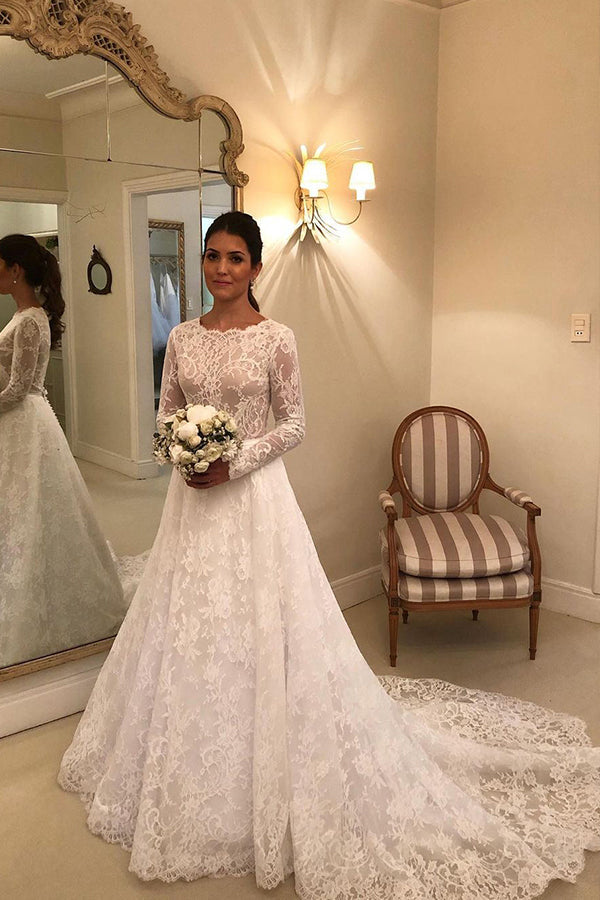Scoop Lace Long Sleeve A-line Wedding Dress with Classic Elegance BM bride